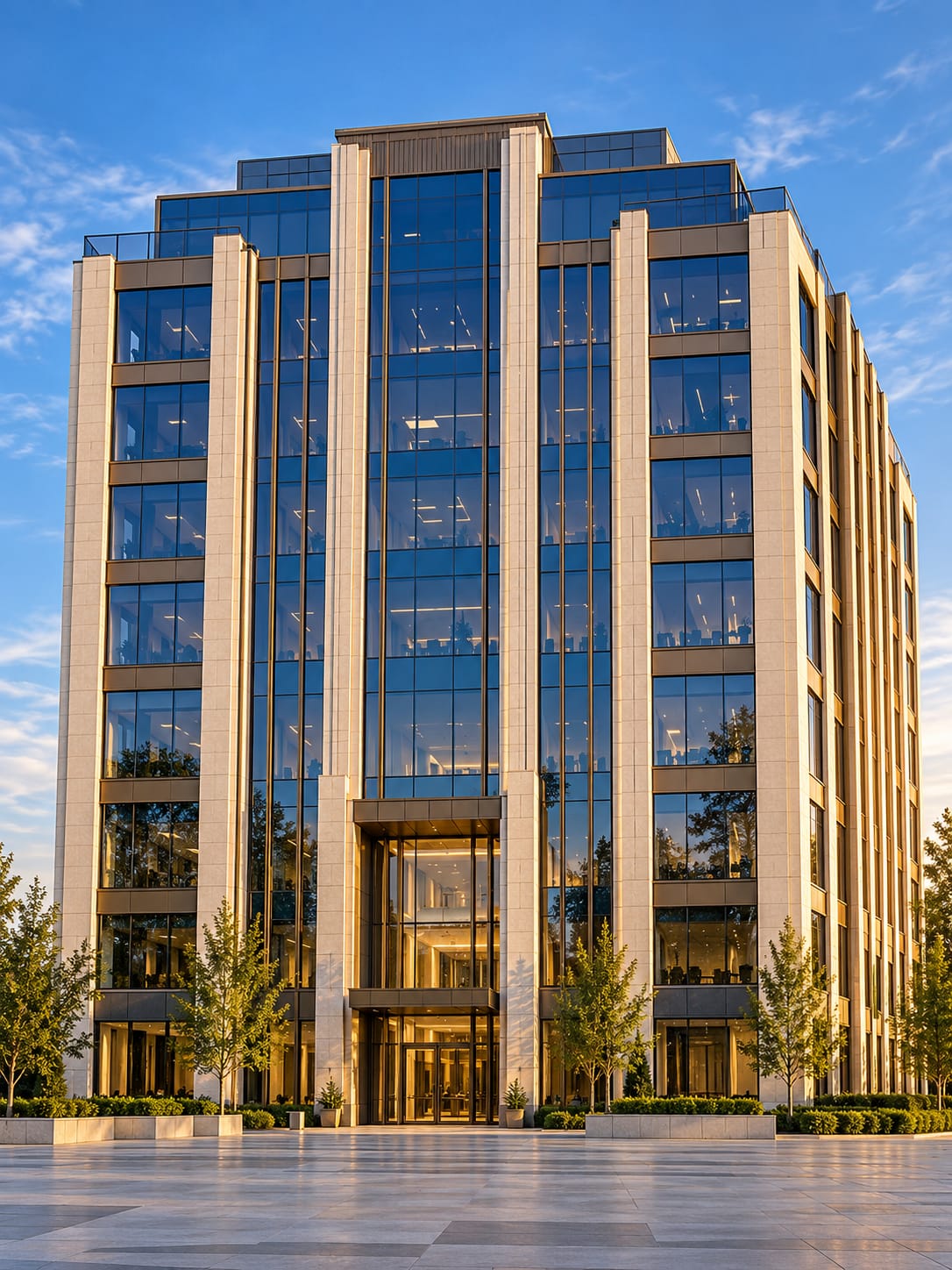 Illustration: a tall commercial office building with limestone piers, stepped terraces, blue glass, and a recessed central entrance in warm sunlight.