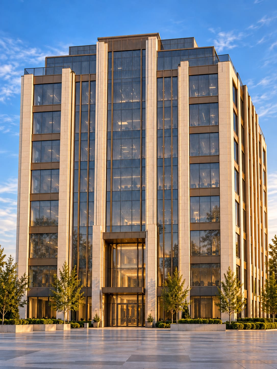 Illustration: the same limestone-and-glass office building with hazy, streaked windows, shown from the same viewpoint and in the same light.